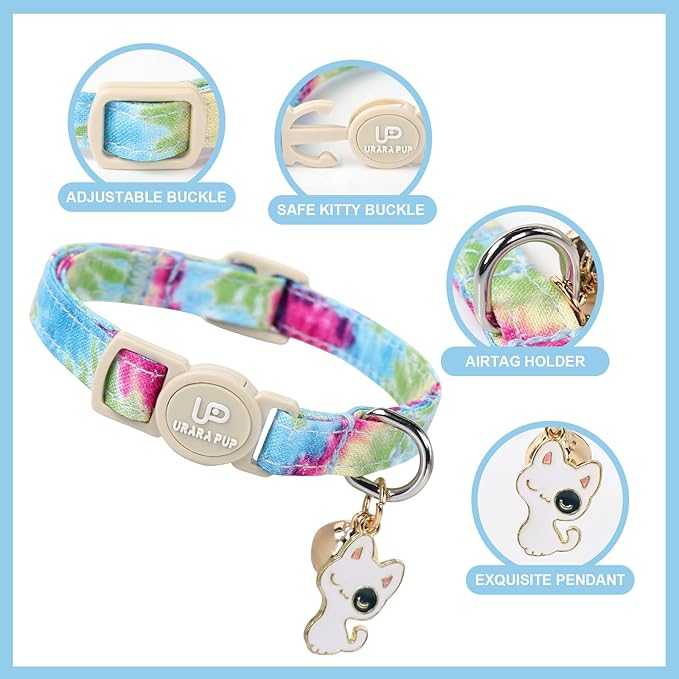Cat Collar, 2 Pack Cat Collars Cute Breakaway Tiedye Cat Collar with Bell, Holiday Kitten Collars Summer Blue Grid Kitty Collar with Safety Buckle for Girl and Boy Cats