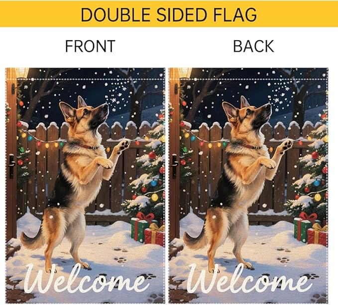 German Shepherd Welcome Garden Flag 12x18 Inch Double Sided Winter Christmas Burlap Yard Banner Outdoor Dog Lover Holiday Seasonal Decor for Home