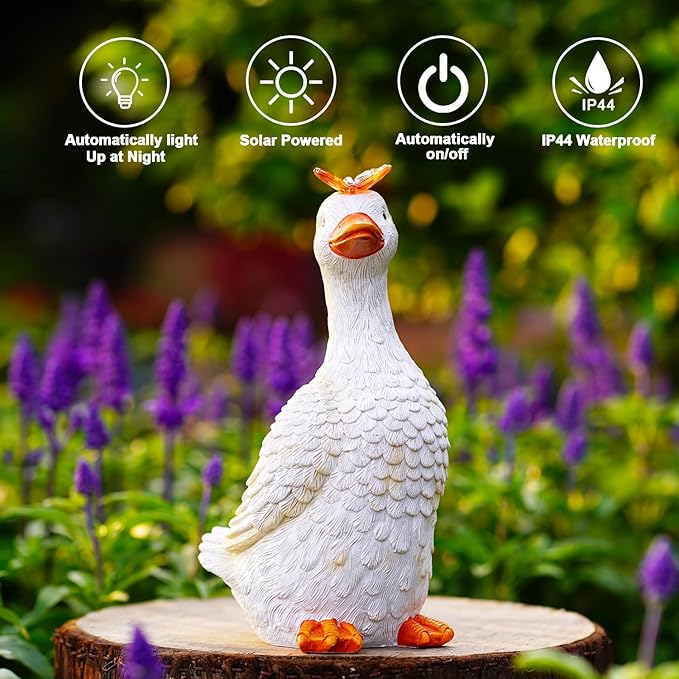 Goodeco Garden Goose Statue with Solar Butterfly - Outdoor Goose Decor for Unique Gifts for Mom & Garden Lovers (Off White)