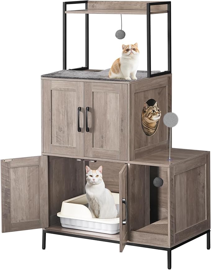HOOBRO Cat Litter Box Enclosure Furniture, 2 in 1 Hidden Litter Box Furniture with Shelf, Double Litter Box Cabinet with 2 Dangling Plush Balls and 1 Toy Ball, Greige and Black BG78MW01