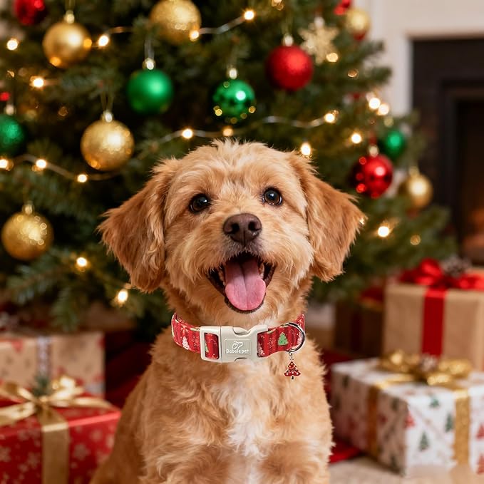 Christmas Dog Collar - Cute Red Christmas Tree Festive Puppy Collar with Safety Buckle, Soft Adjustable Holiday Dog Collars for Small Medium Large Dogs L