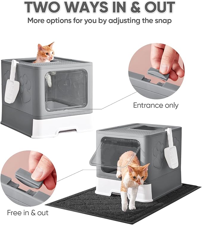 Cat Litter Box with X-Large Litter Mat and Scoop, Large Covered Litter Box with Lid, Enclosed Kitty Box,Front Top Entry Exit, Odor Control Easy to Clean (Upgrade Dark Grey)