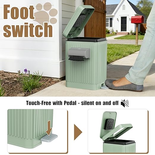 Dog Poop Trash Can for Outside & Indoor, 5L/1.3Gal Small Pet Waste Bin with Odor Control Carbon Filter, 2-Way Open (Step & Press Top), Dog Waste Container with Trash Bag Holder, Green