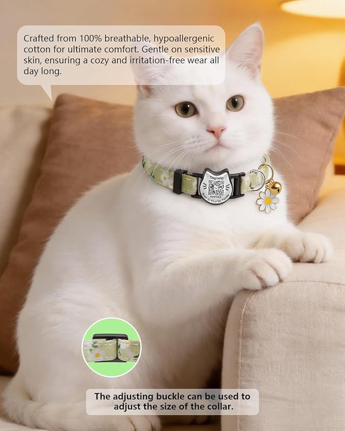 QR Code Cat Collar with Breakaway Safety Buckle, Adjustable Cotton Kitten Collar with Bell, Online Pet Profile Scan ID Tag for Lost Cats,Flower Pendant(Green)