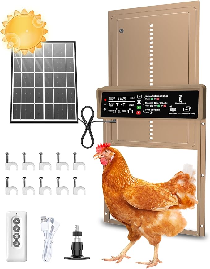 2025 Upgrade 7W Solar Power Chicken Door, Pet Deluxe Automatic Chicken Coop Door with 10PCS Wire Clip, Timer, Light Sensor, LCD Display & Anti-Pinch Durable Aluminum Auto Coop Door with 4 Modes-Brown