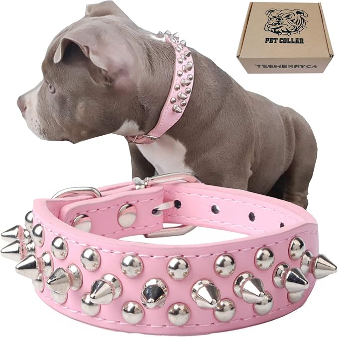 TEEMERRYCA Adjustable Leather Spiked Studded Dog Collars with a Squeak Ball Gift for Small Medium Large Pets Like Cats/Pit Bull/Bulldog/Pugs/Husky, Pink, S 10.8-13.2 inches