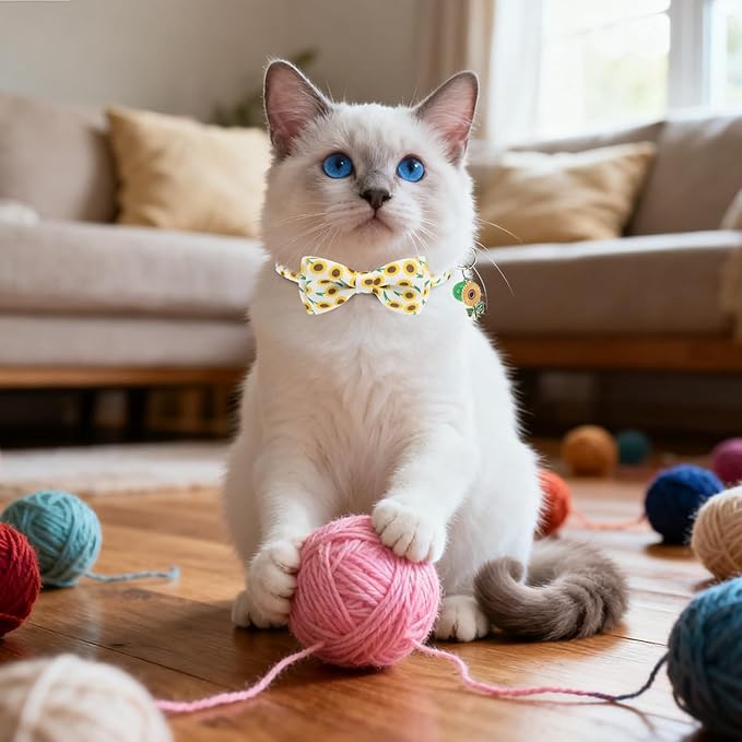 Breakaway Cat Collar with Removable Bow Tie and Bell, Cute Multi-Style Patterns, 3 Pack Safety Buckle Kitten Collars, Adjustable Pet Collar for Cats Puppy (Style B - Nature)