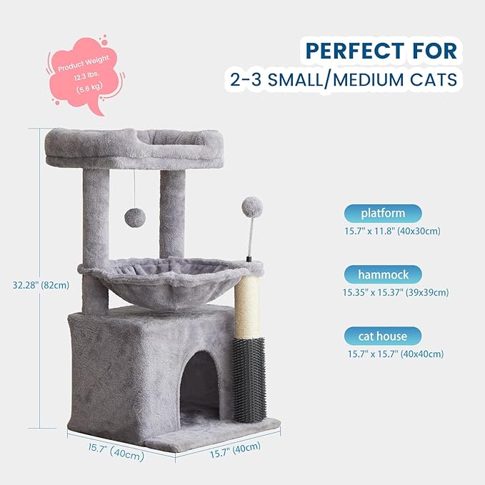 Cat Tree for Indoor Cats, 32 Inch Tall Cat Tower with Hammock, 2 Condos, Plush Perch & Sisal Scratching Posts, Multi-Level Kitten Activity Center for Small Medium Cats, Grey