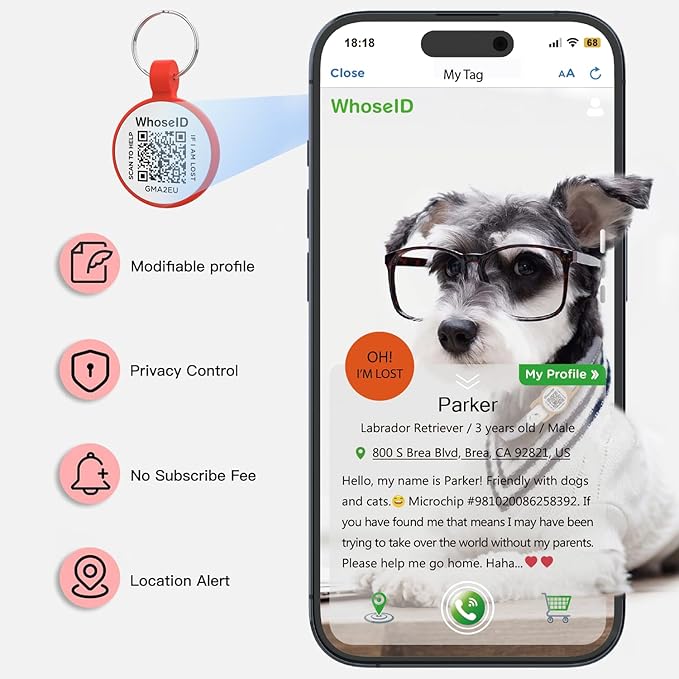ESA Dog Tag, QR Code Dog Tag, Modifiable Free Pet Online Profile, Scannable QR Code, Scan QR Send Instant Location Alert Email, Silicone Lightweight ID Tag for Dog and Cat (Red, Regular)