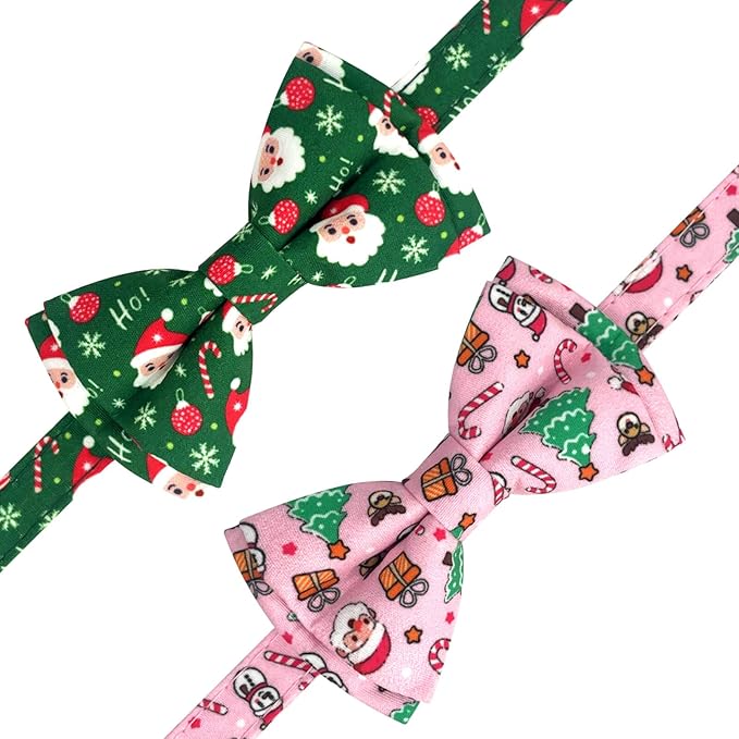 2 Pack Christmas Cotton Cat Collar with Bow Tie and Bell for male Female Cats,Soft Fancy Breakaway Kitty Kitten Collar with Tree & Santa Patterned Design for Boy Girl Cats. (Tree & Santa Claus)