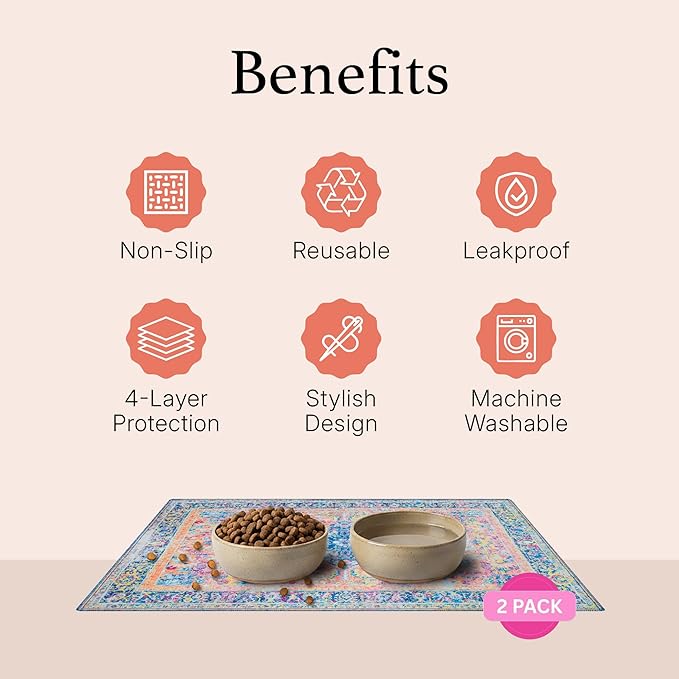 LOVEWAG Waterproof 2-Pack Pet Feeding Mats - 16" x 24" Premium Cat & Dog Food Mat - Non-Slip, Machine Washable Food Mat Protects Floors & Contains Water Bowl Spills - Pet Place Mats (Bohemian Jewel)
