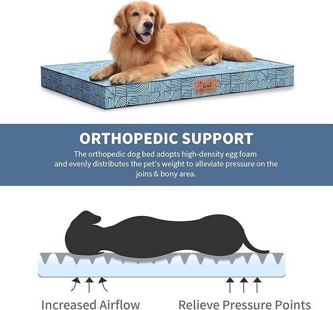 Outdoor Dog Bed for Small Dogs & Cats, Waterproof Dog Crate Mat Orthopedic Egg Crate Foam with Washable Removable Oxford Cover, White Blue