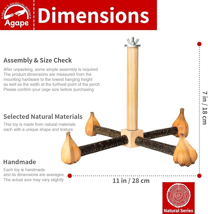 Agape Rotating Parrot Perch Toy with Chew Toy, Natural Wooden Perch Stand for Small & Medium Birds, Bird Cage Accessory with Exercise Wheel for Parakeets Cockatiels Lovebirds Conures Finches Budgies