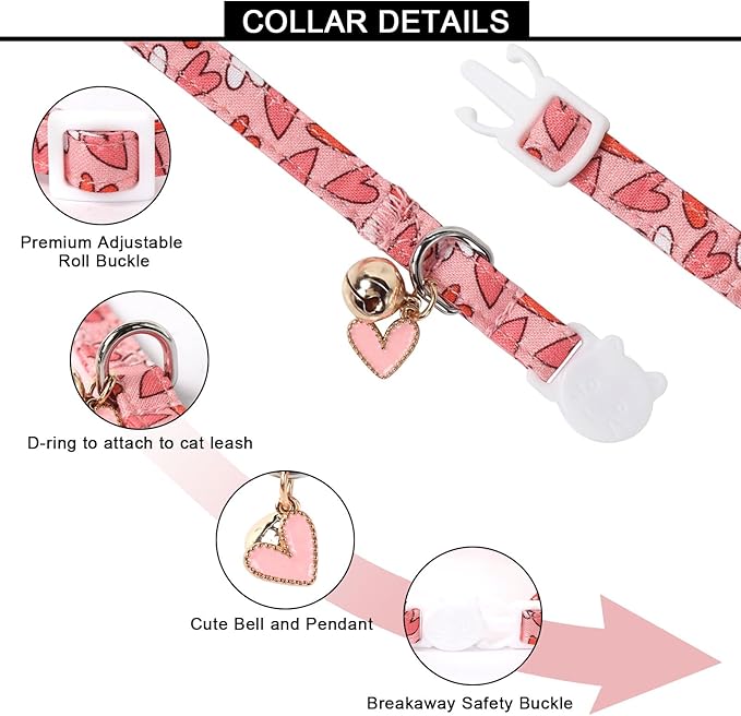 Lionet Paws 2pcs Pack Valentine's Day Cotton Cat Collar,Dot Heart Breakaway Buckle with Red Pink Love Cute Adjustable Cat Kitten Collar,Ideal for Girl Cats