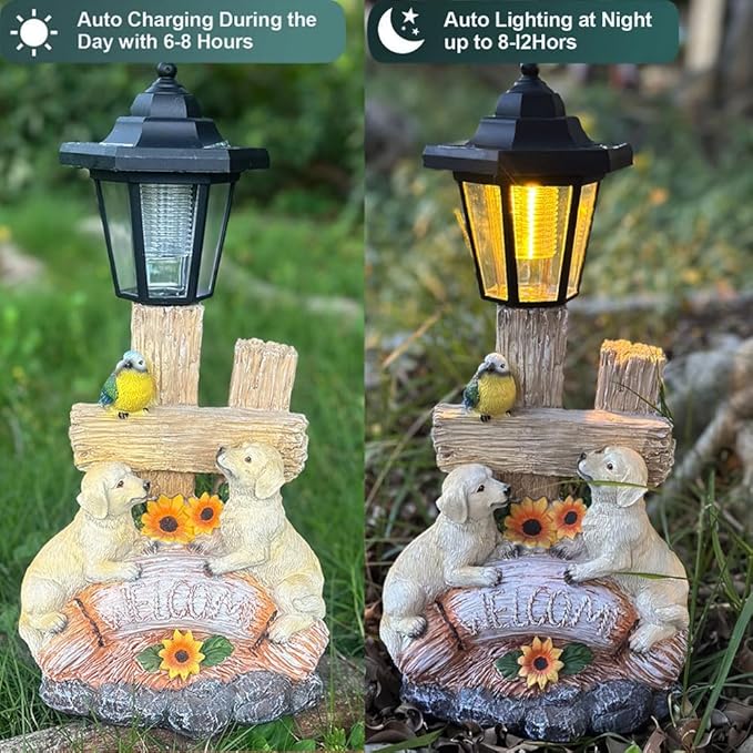 Outside Dog Statue with Solar Lantern, Garden Welcome Sign Dog Solar Figurines Light, Patio Outdoor Decoration, Balcony Lawn Decor, Unique Birthday House Warming Gift for Women, Mom, Grandma