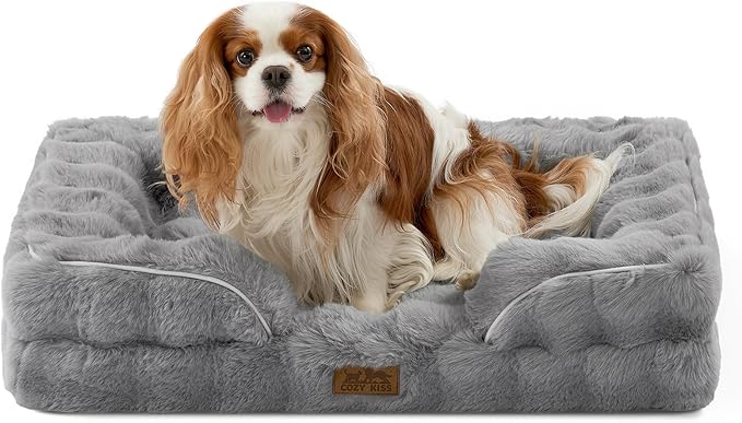 Orthopedic Dog Bed for Medium Small Size Dog, Soft and Warm Faux Fur Sofa for Pet Up to 40 lbs, Foam Bolster Anti-Slip Couch with Washable Removable Cover, M 30x20x6.5 inch, Grey