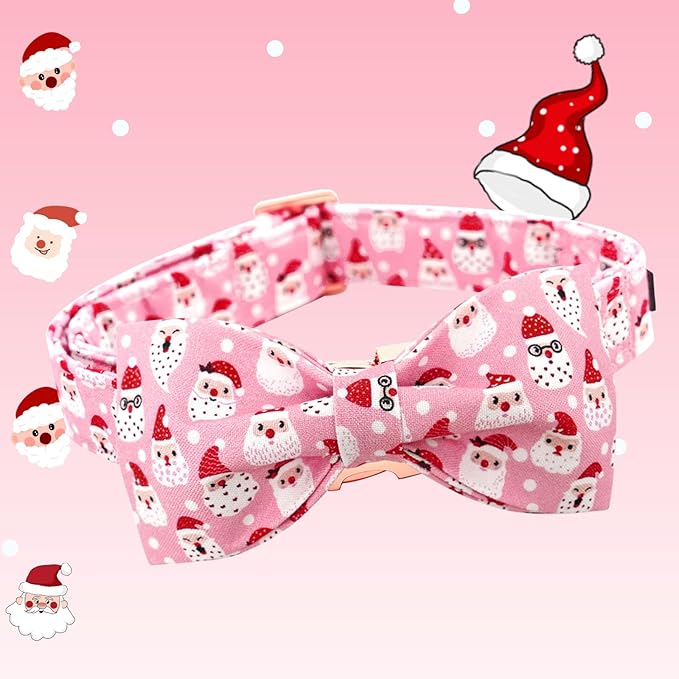 Dog Collar, Christmas Pink Santa Claus Cotton Pet Collar Bow Holiday Girl Boy Cute Puppy Collar Adjustable Pet Collar for Medium Dogs