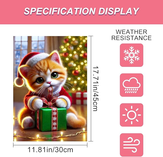 Christmas Garden Flag 12x18 Inch Cute Kitten Gift Flag Double Sided Holiday Cat Banner Outdoor Pet Yard Decoration for Porch Tree Lighting Display