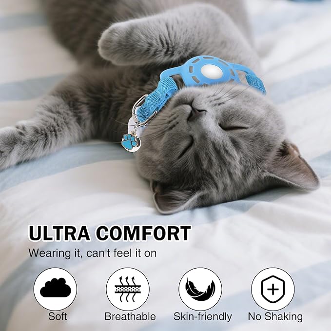 Airtag Cat Collar Breakaway, Stretchy Cat Tracker Collar with Apple Air Tag Holder for Boy Girl Cats, Elastic GPS Tracking Collars for Kittens and Puppies, Adjustable 9"-12" Blue
