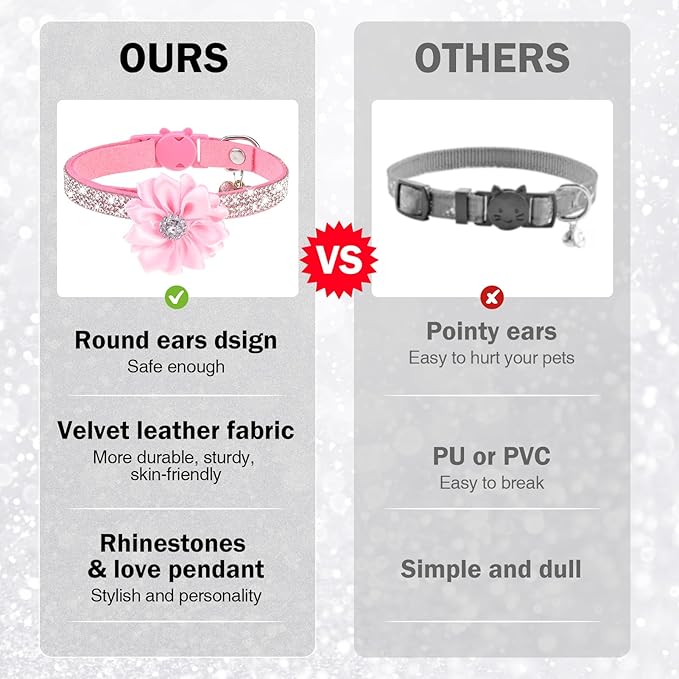 Rhinestone Cat Collar Breakaway with Bell, Diamond Cat Collar with Safety Buckle Quick Release for Girl Boy Small Kitten Pets Puppy,Cute Soft Cat Collars, Color Flower Pink 8-12"