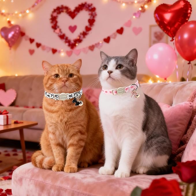 2 Pack Cotton Breakaway Cat Collar Pink and Black Heart Shaped Pendant Cute Kitten Cat Collar with Bell,Adjustable 7-12 Inch,Pet Supplies Accessories