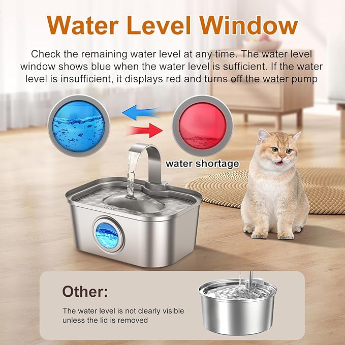 Bobo&Dragon 3.5L/124oz Stainless Steel Cat Water Fountain - Ultra-Quiet Automatic Pet Water Dispenser for Dogs & Cats, 6-Stage Filter, Smart Window & Anti-Dry Burn Pump (Includes 2+2 Filters)