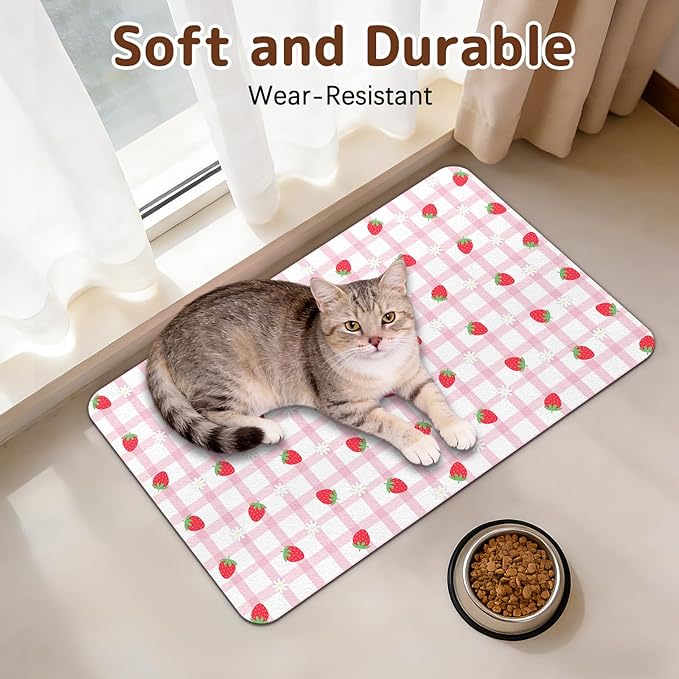 Dog Food Mat for Bowls, Absorbent Quick Dry Dog Cat Mats for Food and Water, Non-Slip Backing Pet Mat Pet Supplies - Strawberry Pattern