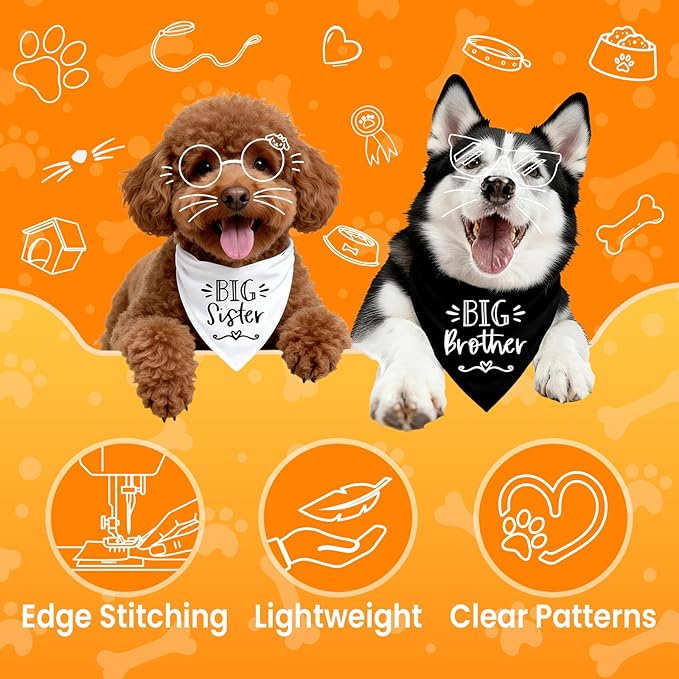 2 Pack Big Sister Big Brother Dog Bandanas, Adjustable Pet Bandana for Pregnancy Announcement, Soft Triangle Scarf for Small Medium Large Dogs, Puppy Sibling Reveal Accessories(Black&White)