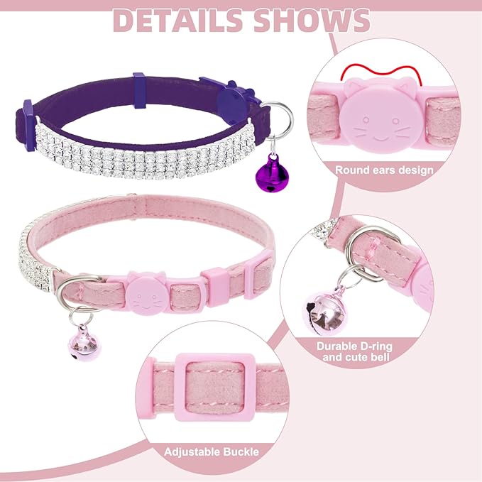 EXPAWLORER Soft Velvet Safe Cat Collars for Girl Cats - Rhinestones Bling Diamante Adjustable Collars Breakaway- Chirstmas Cat Clollar Gifts with Bells for Boy Cats Kitty and Small Dogs