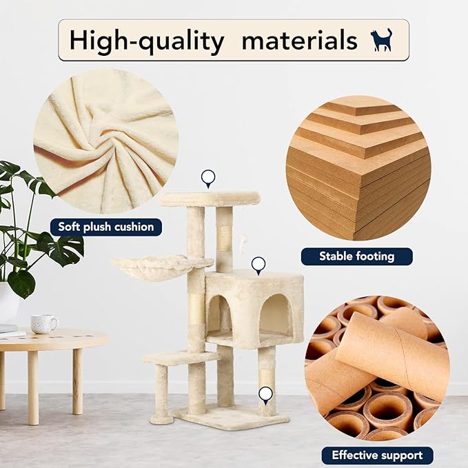 BestPet | 37" Cat Tree Tower | Beige | Sturdy Multi-Level Cat Tree with Plush Condo, Cozy Perch, Sisal Scratching Posts, Hanging Toy and Hammock | Easy Assembly | for Kittens & Adult Cats