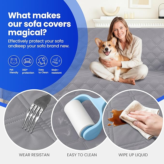Waterproof Dog Bed Cover, Non-Slip Dog Blanket for Couch, Couch Covers for Dogs Washable, Pet Blanket for Furniture, Pet Bed Mat for Sofa, Car, Pet Supplies (82x82 Inch, Light Grey)