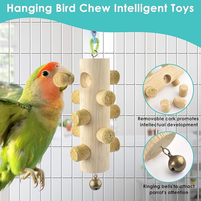 3pcs Natural Wood Bird Perch Toys, Rotating Perch Stand, L-Shaped Perches with Chew Block, Hanging Cork Stopper Toy, Birdcage Accessories for Small Medium Parrots Cockatiels Quaker Caique