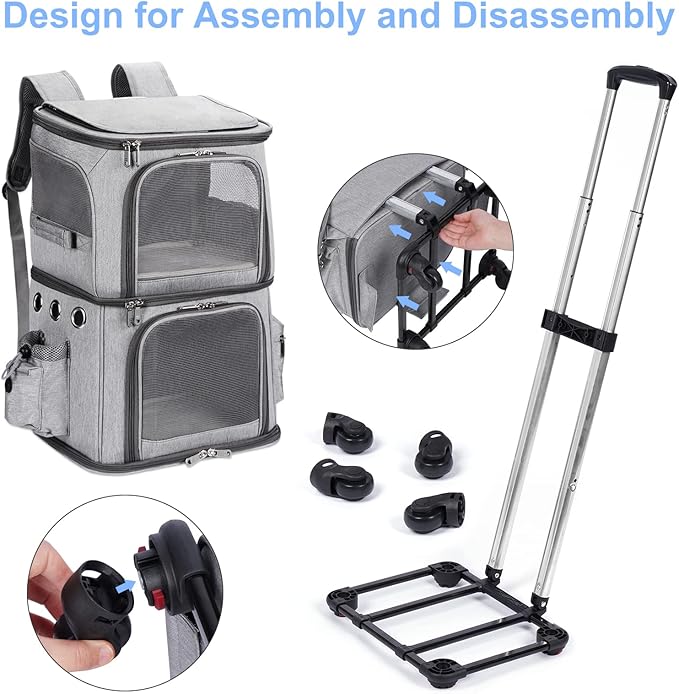 Extra Large Double-Compartment Pet Carrier Backpack with Wheels for Small Dogs and Cats, Cat Rolling Carrier for 2 Cats, Perfect for Traveling/Taking a Walk/Trips to The Vet, Grey