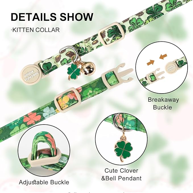Unique Style Paws Saint Patrick Day Cat Collar,Trefoil Cat Collars,Green Kitten Collar Breakaway Buckle,Adjustable St. Patrick Day Puppy Collar,Ideal Gift for Boy Girl Cats