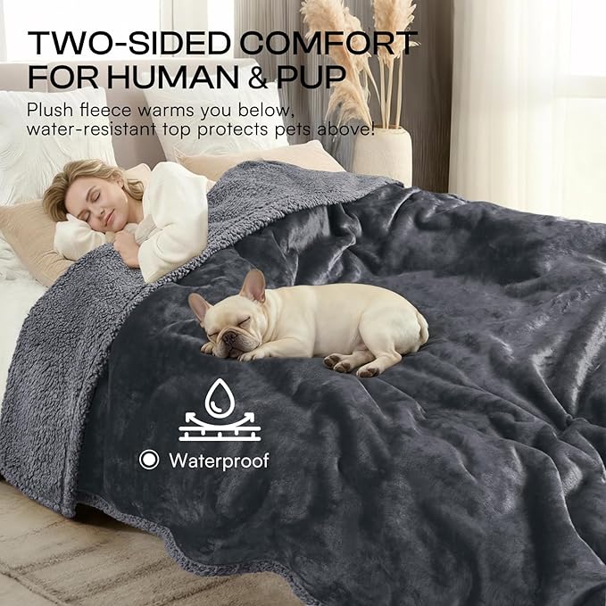 Luciphia Waterproof Pet Blanket, Liquid Pee Proof Dog Blanket for Sofa Bed Couch, Reversible Sherpa Fleece Furniture Protector Cover for Small Medium Large Dogs Cats, Dark Gray Queen Size（90" x 82"）