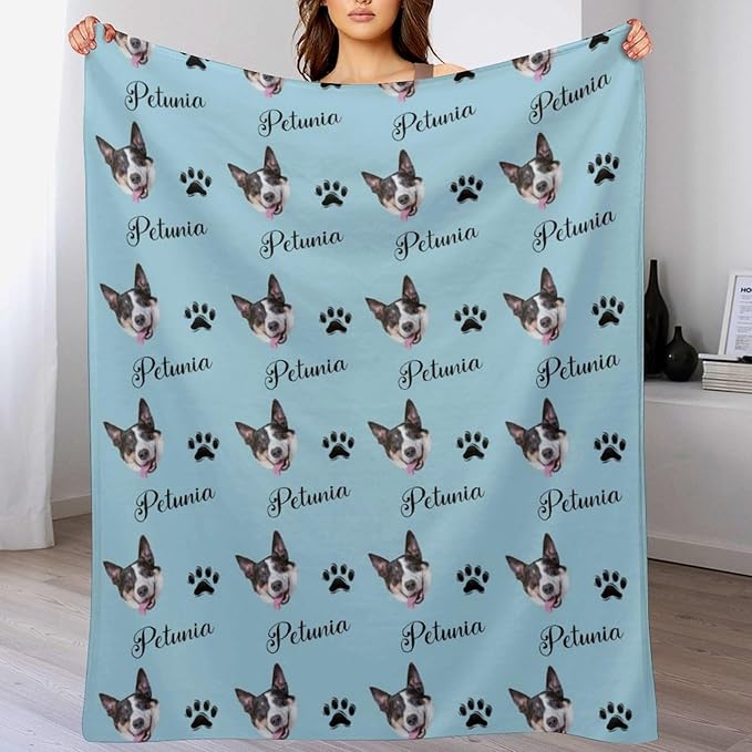 Personalized Paw Print Dog Blanket with Pet Name Face-Custom Puppy Blankets with Picture for Dogs-Customized Dog Memorial Throw Fleece Blanket-Loss of Pets Supplies Sympathy Gift for Bed Sofa Travel