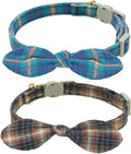 Cotton Bowtie Cat Collar with Bell 2 Pack Plaid Breakaway Kitten Collars with Removeable Bunny Ear Bow(Mocca Tweed+Ocean Blue)