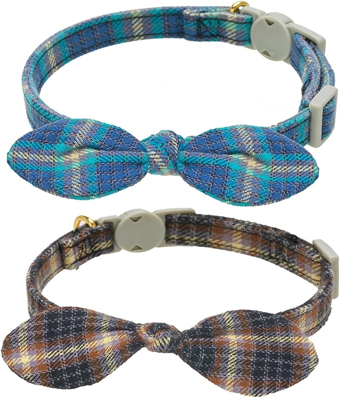 Cotton Bowtie Cat Collar with Bell 2 Pack Plaid Breakaway Kitten Collars with Removeable Bunny Ear Bow(Mocca Tweed+Ocean Blue)