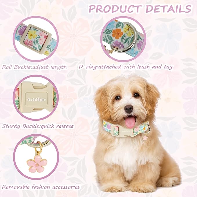 Cotton Dog Collar with Colorful Flowers for Spring Summer, Adjustable Puppy Dog Collars for Small Medium Large Dogs, Cute Girl Boy Dog Collar Ideal for Gifts,Pet Accessory,L