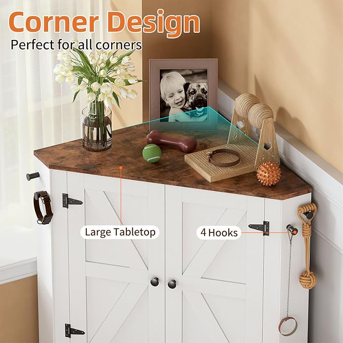 PakaLife Farmhouse Dog Food Storage Corner Cabinet, Dog Feeding Station with 2 Hidden Bowls, Adjustable Panel, 4 Hooks, Pet Feeding Station Corner Cabinet for Medium, Small Sized Dogs