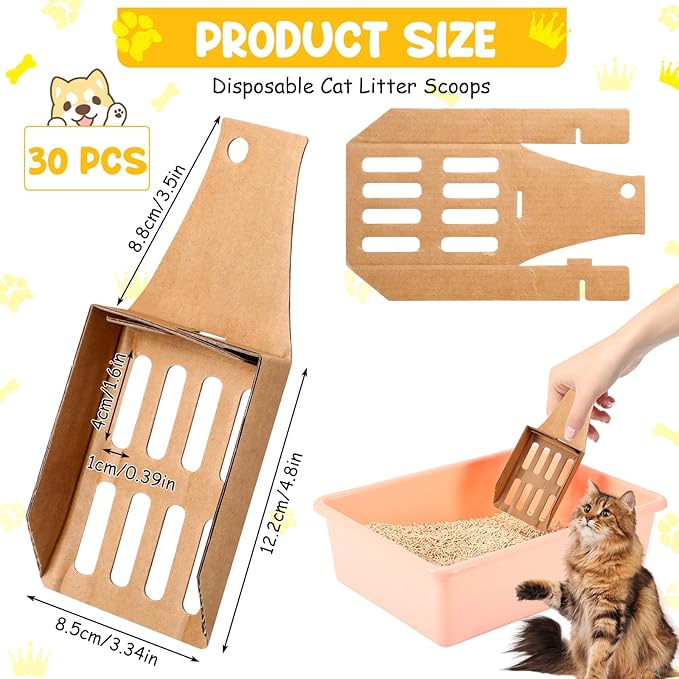 30 Pcs Disposable Cat Litter Scoops 8.3x3.3 Inch Portable Kitty Litter Scooper with Holder Shovel Cardboard Plastic Free Litter Scoop with Holes for Travel Cat Litter Box
