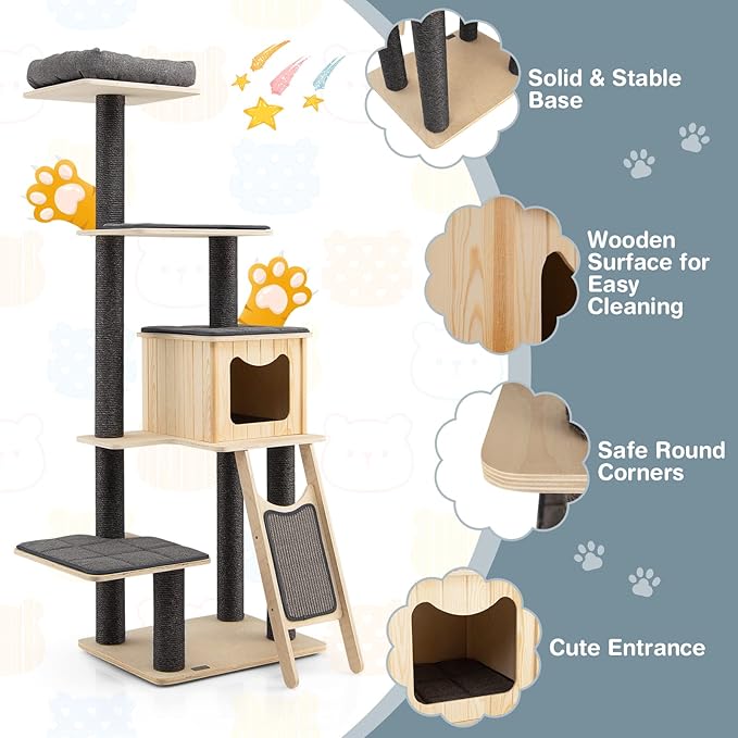 PETSITE 69-inch Tall Wooden Cat Tree Tower, Modern Cat Activity Center Tree with Sisal Scratching Posts & Board, Condo & Top Perch for Indoor Cats, Grey