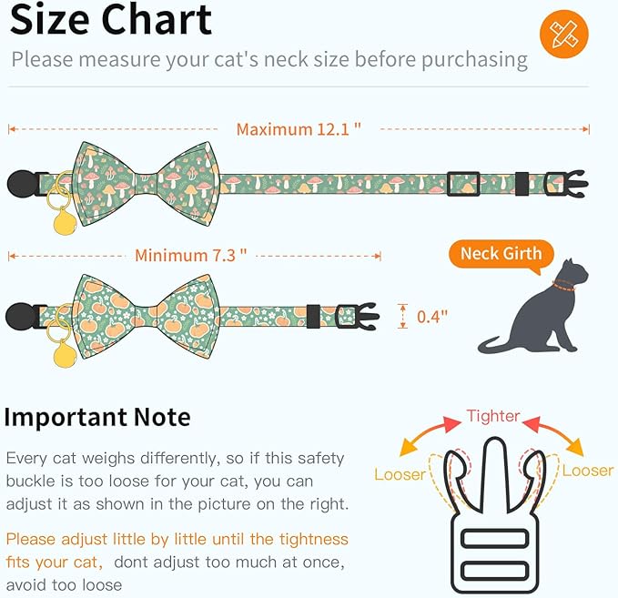 2 Pack Cotton Cat Collar with Bow Tie and Bell for Male Female Cats,Soft Fancy Breakaway Kitty Kitten Collar with Ghost& Pumpkin Patterned Design for Boy Girl Cats. (Pumpkin&Mushroom)