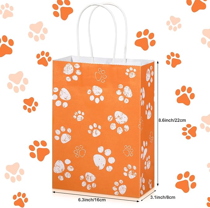Blulu 20 Pcs Puppy Dog Paw Gift Bags with Paper Twist Handles, Dog Gift Paper Paw Treat Goodie Bags for PET Treat Party Favor, 6.3 x 3.1 x 8.6 Inch(Orange Backing)