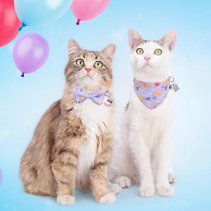 SCENEREAL Cat Bandana Collar for Birthday - 2 Pack Breakaway Kitten Collars with Bell Bowtie, Accessories for Pet, Adjustable Cute Cat Collars for Cats and Small Dogs Boys Girls, Purple