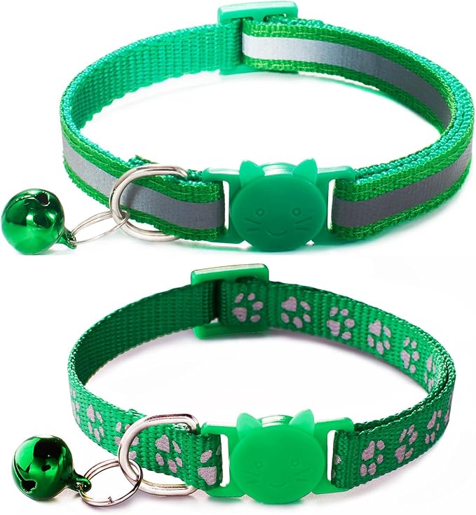 Green Breakaway Kitten Collar with Bells, [2 Pack] Break Away Cat Collar with Bells, Reflective Cat Collar for Girl Cats Boy Kitty