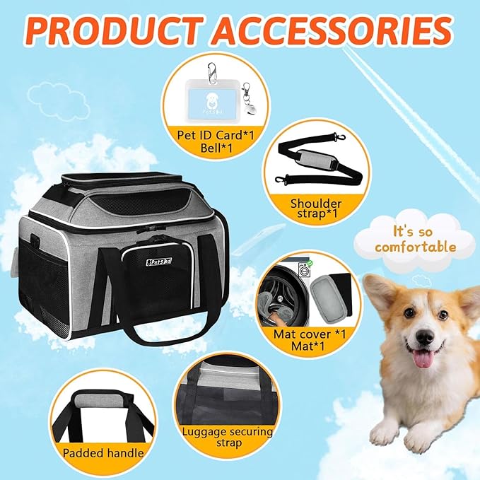 Petskd Top-Expandable Pet Carrier 17x12x8.5 Inches JetBlue Allegiant Spirit Airline Approved, Soft-Sided Carrier for Small Cats and Dogs with Locking Safety Zippers and Anti-Scratch Mesh(Grey)