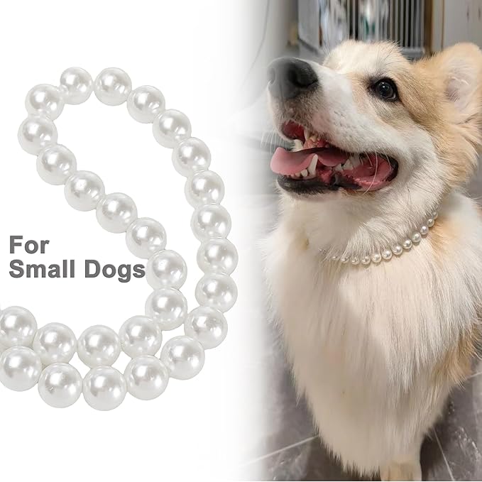 Chunky Pearl Dog Collar(0.55 Inch) for Small Dogs Cats, Adjustable Beaded Dog Collar Imitation White Pearls, Elegant Dog Jewelry Girl Accessories for XS Extra Small Dogs Necklace