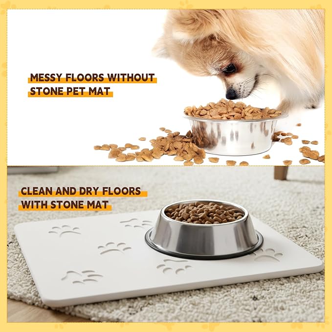White Diatomaceous Earth Dog Bowl Mat (16x12 in) | Non-Slip Pet Food & Water Mat | Square Design with Cute Paw Prints for Medium Dogs, Quick Dry & Easy to Clean