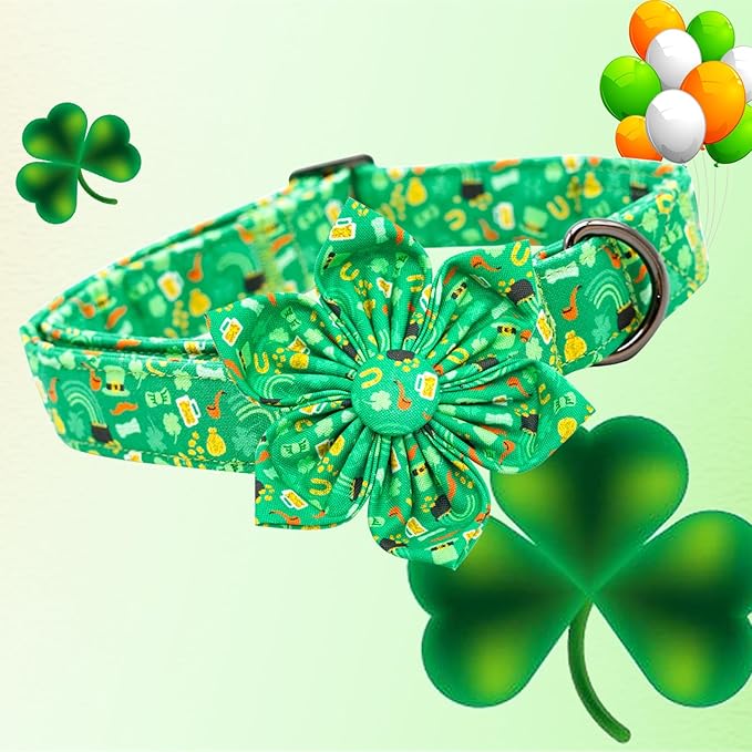 Lionheart glory St. Patrick's Day Dog Collar with Flower Dog Collars for X-Small Dogs, Heavy Duty Green Collars Bows Lucky Clover Shamrock Pet Collar Flower Puppy